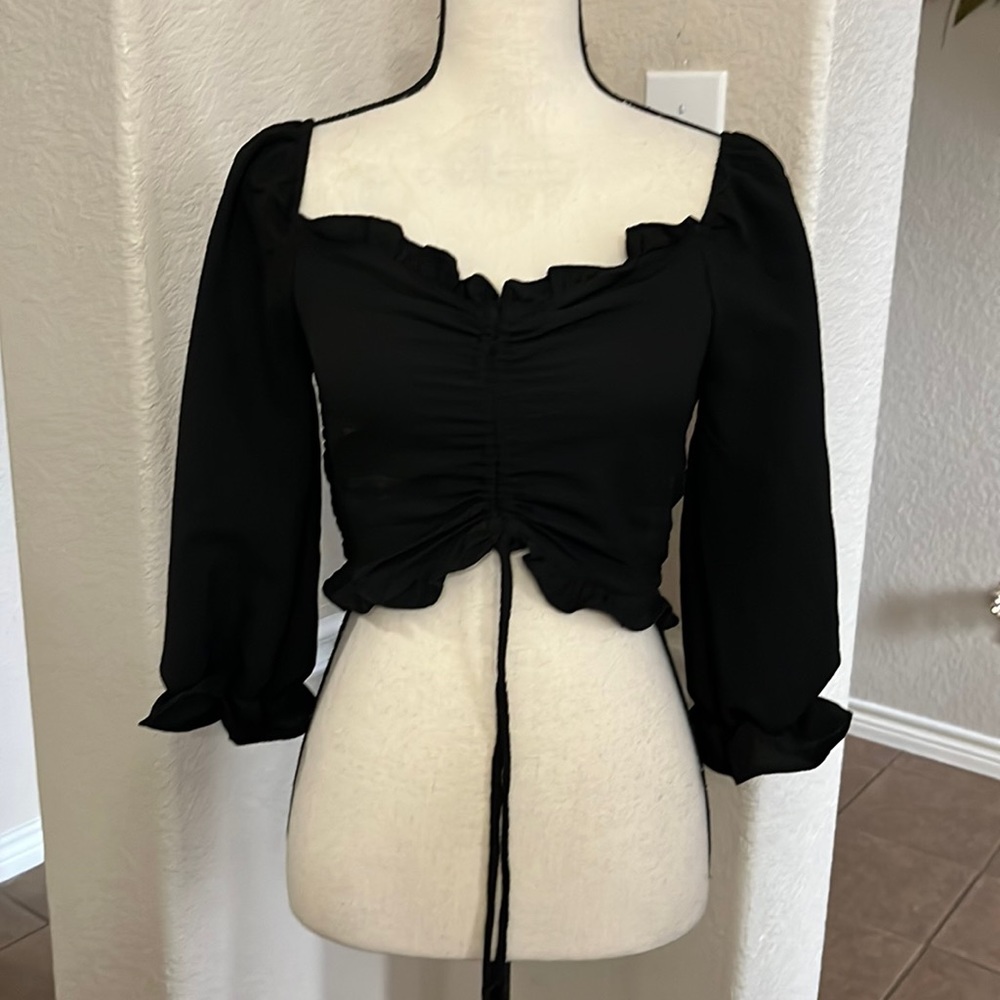 Timing black squared neckline drawstring cropped top.